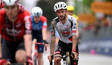 VELIKO TARNOVO, BULGARIA - MAY 09: Adam Yates of Great Britain and UAE Team Emirates - XRG injured crosses the finish line during the 109th Giro d&amp;apos;Italia 2026, Stage 2 a 221km stage from Burgas to Veliko Tarnovo / #UCIWT / on May 09, 2026 in Veliko Tarnovo, Bulgaria. (Photo by Dario Belingheri/Getty Images)