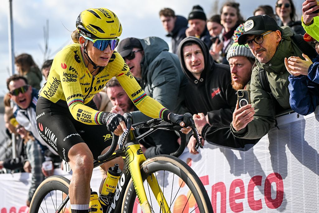 Pauline Ferrand-Pr&eacute;vot races up the Paterberg at the 2026 Tour of Flanders