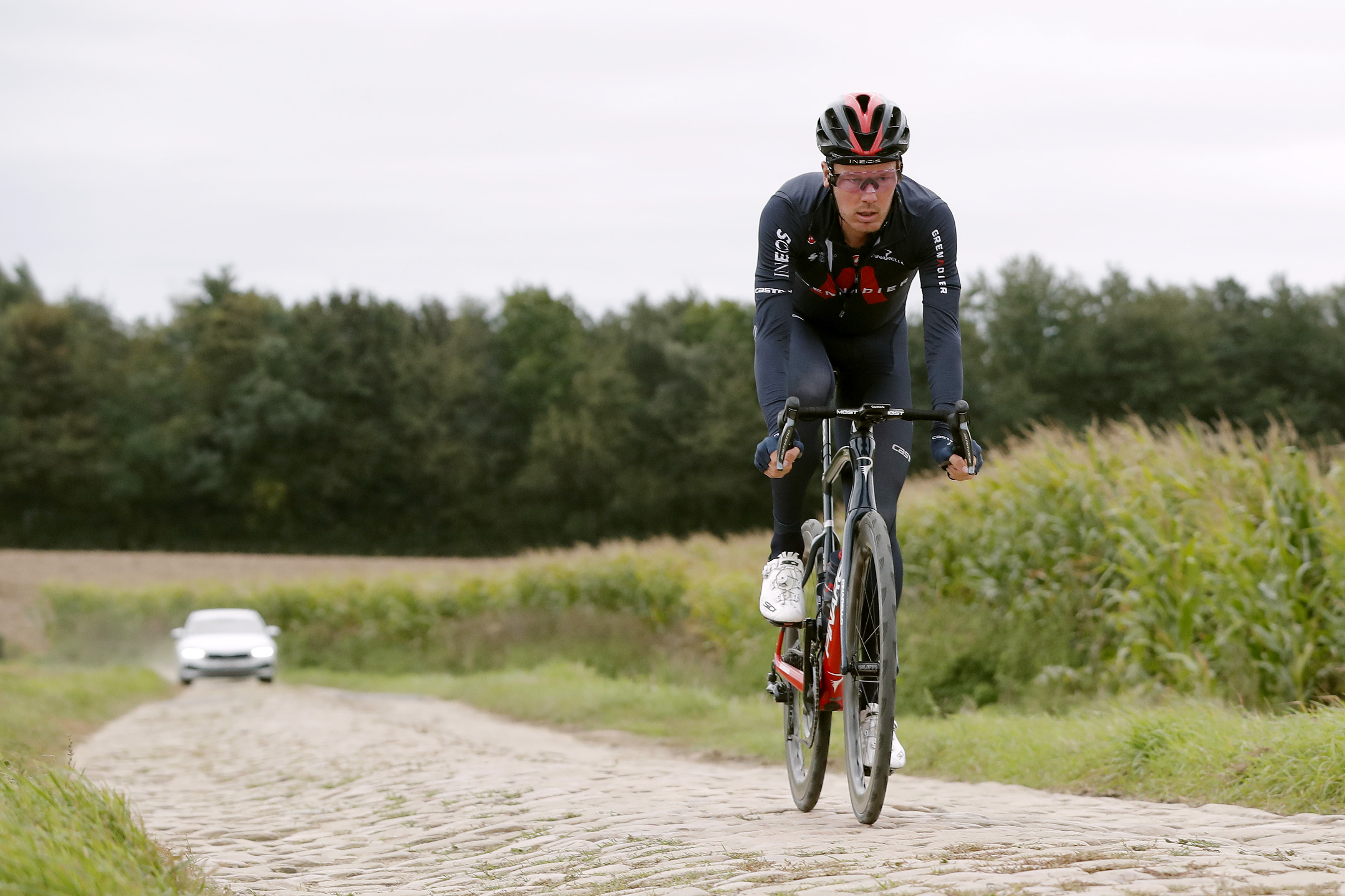 Dylan Van Baarle of Netherlands and Team INEOS Grenadiers passing through a cobblestones sector during Paris-Roubaix 2021 training (Photo by Bas Czerwinski/Getty Images)