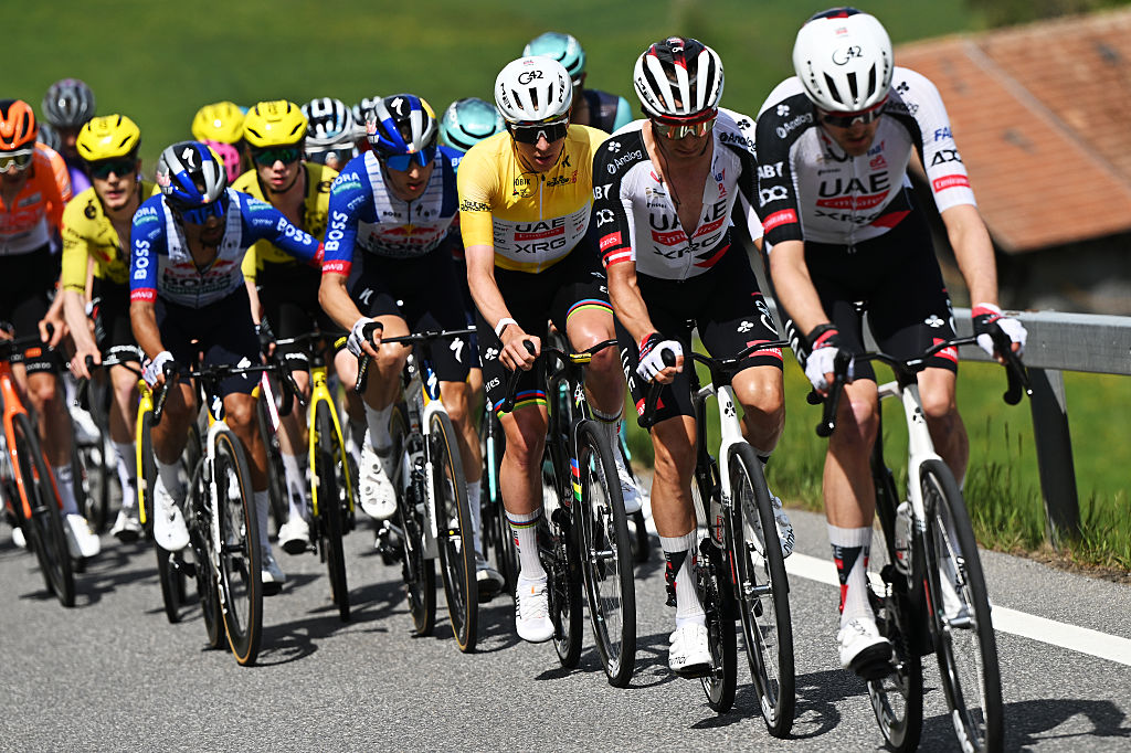 CHARMEY, SWITZERLAND - MAY 02: Tadej Pogacar of Slovenia and UAE Team Emirates - XRG - Yellow Leader Jersey competes during the 79th Tour de Romandie 2026, Stage 4 a 149.6km stage from Broc to Charmey / #UCIWT / on May 02, 2026 in Charmey, Switzerland. (Photo by Dario Belingheri/Getty Images)