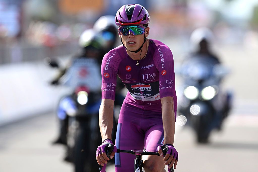 NOVI LIGURE, ITALY - MAY 21: Paul Magnier of France and Team Soudal Quick-Step - Purple Points Jersey crosses the finish line during the 109th Giro d&amp;apos;Italia 2026, Stage 12 a 175km stage from Imperia to Novi Ligure / #UCIWT / on May 21, 2026 in Novi Ligure, Italy. (Photo by Dario Belingheri/Getty Images)