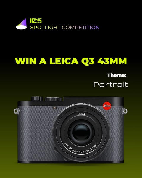 Contest poster for IRYS Spotlight Competition to win a Leica Q3 43mm camera, with the theme "Portrait"