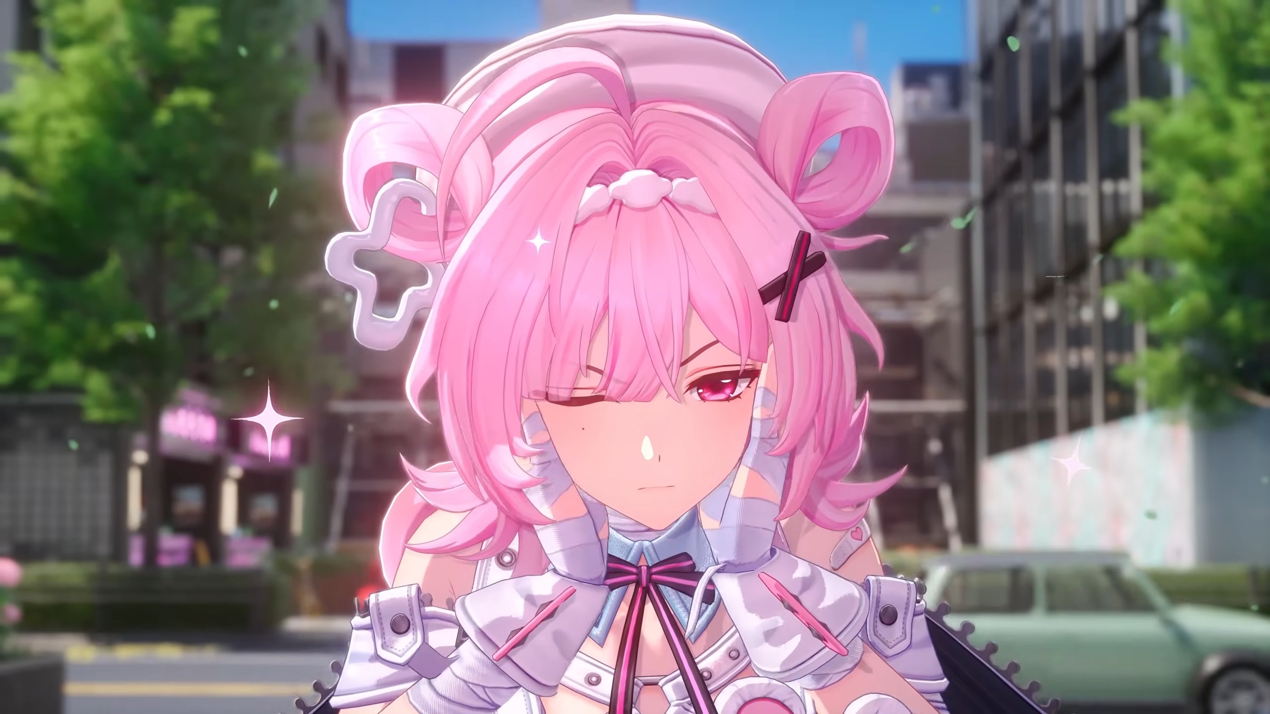 Neverness to Everness character with pink hair and bandaged hands