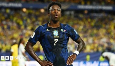 Brazil's Vinicius Jr celebrates scoring against Haiti at the 2026 World Cup