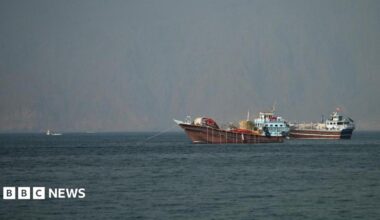 Two vessels at the Strait of Hormuz, taken from Musandam, Oman