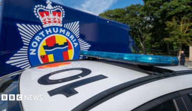The white roof of a police car with the number 10 written in black lettering on it.  Roof bars and a bar holding the blue light strip are black. A very small amount of the windows is visible and the car is parked in front of a royal blue van with a large blue, yellow, red and white, star-shaped Northumbria Police logo on the side.