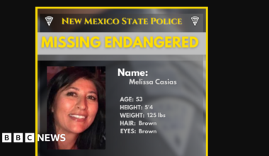 A missing person's poster featuring a photo of a smiling Melissa Casias and biographical information including her age listed as 53