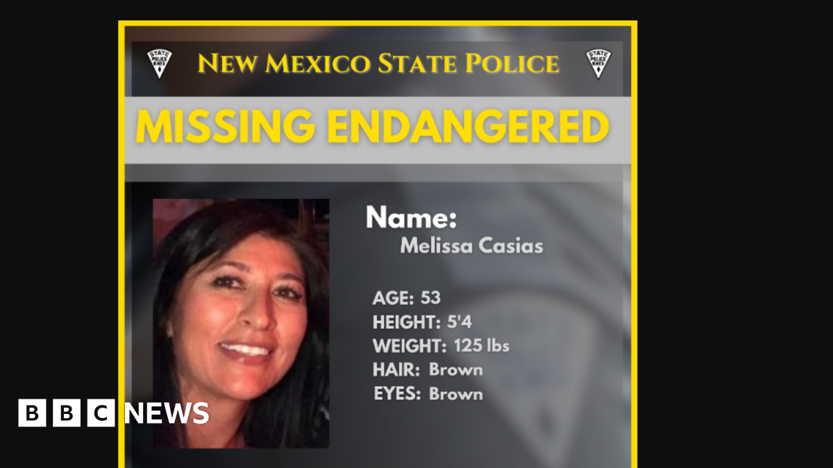 A missing person's poster featuring a photo of a smiling Melissa Casias and biographical information including her age listed as 53