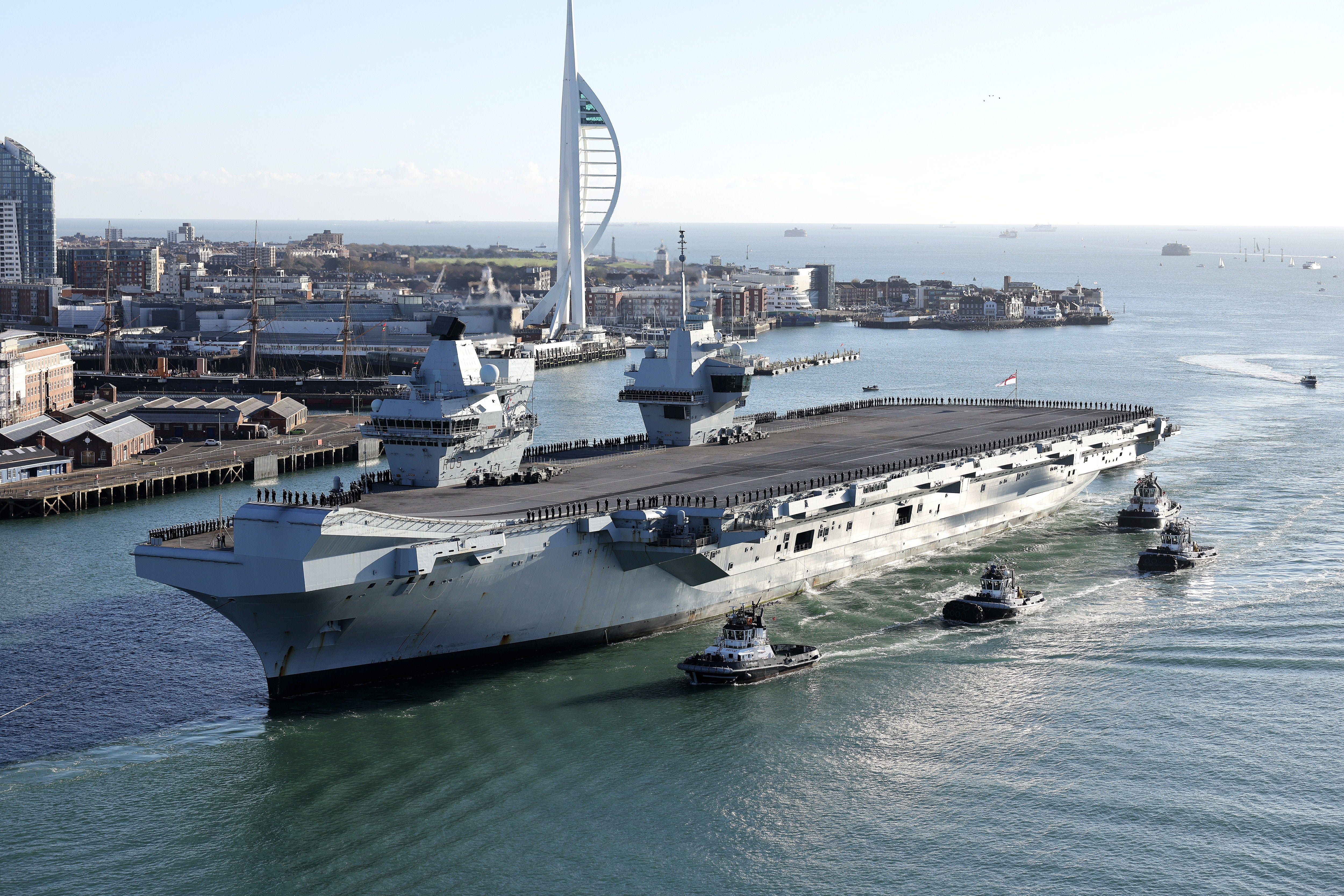 The Royal Navy flagship HMS Prince of Wales returning to Portsmouth Naval Base