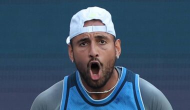 Nick Kyrgios reacts after winning a point
