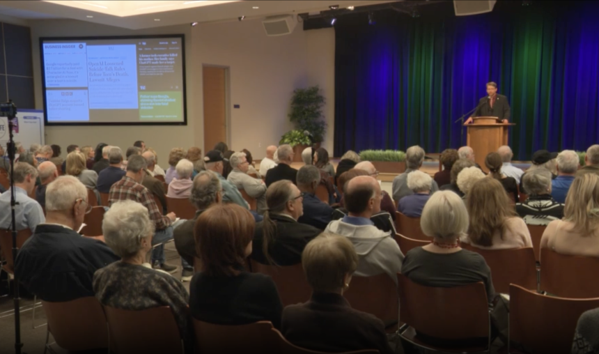 Anti-AI speaker and writer Joe Allen gives a speech at First Baptist Church in Dallas, Texas.