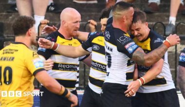 York Knights' Oli Field (right) celebrates scoring a try against Castleford Tigers with his team-mates