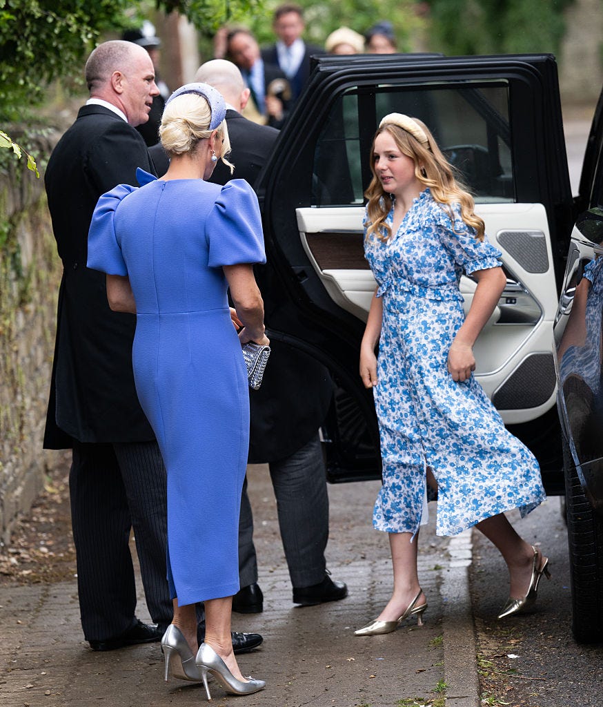 kemble, england june 06 zara tindall and lena elizabeth tindall arrive at the royal wedding of peter phillips and harriet sperling at all saints church on june 06, 2026 in kemble, england photo by samir husseinwireimage