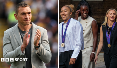 Split image of Kevin Sinfield applauding fans after speaking on the field at a Leeds Rhinos game in May 2025, plus Lauren James, Michelle Agyemang and Chloe Kelly arrive for a reception after England win Euro 2025