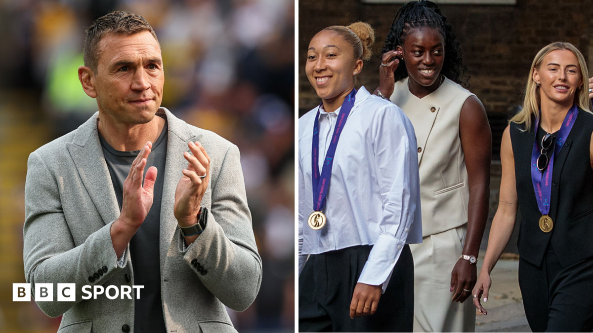 Split image of Kevin Sinfield applauding fans after speaking on the field at a Leeds Rhinos game in May 2025, plus Lauren James, Michelle Agyemang and Chloe Kelly arrive for a reception after England win Euro 2025