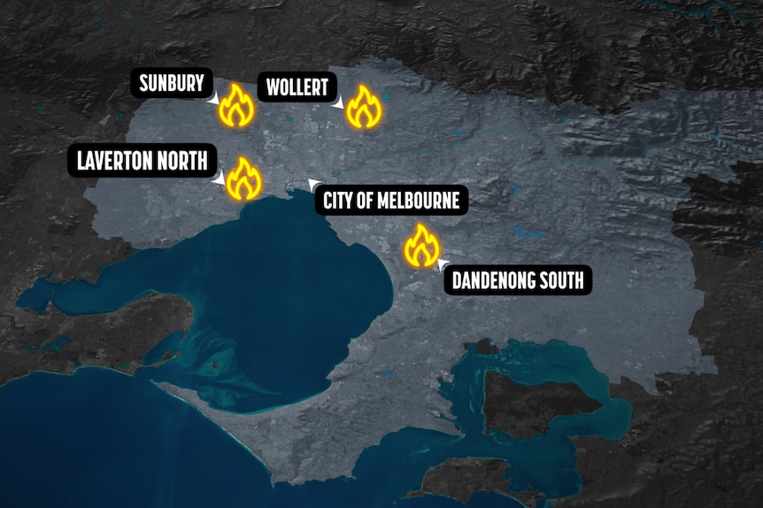 A map of Victoria, showing the planned locations of waste-to-energy plants surrounding Melbourne.