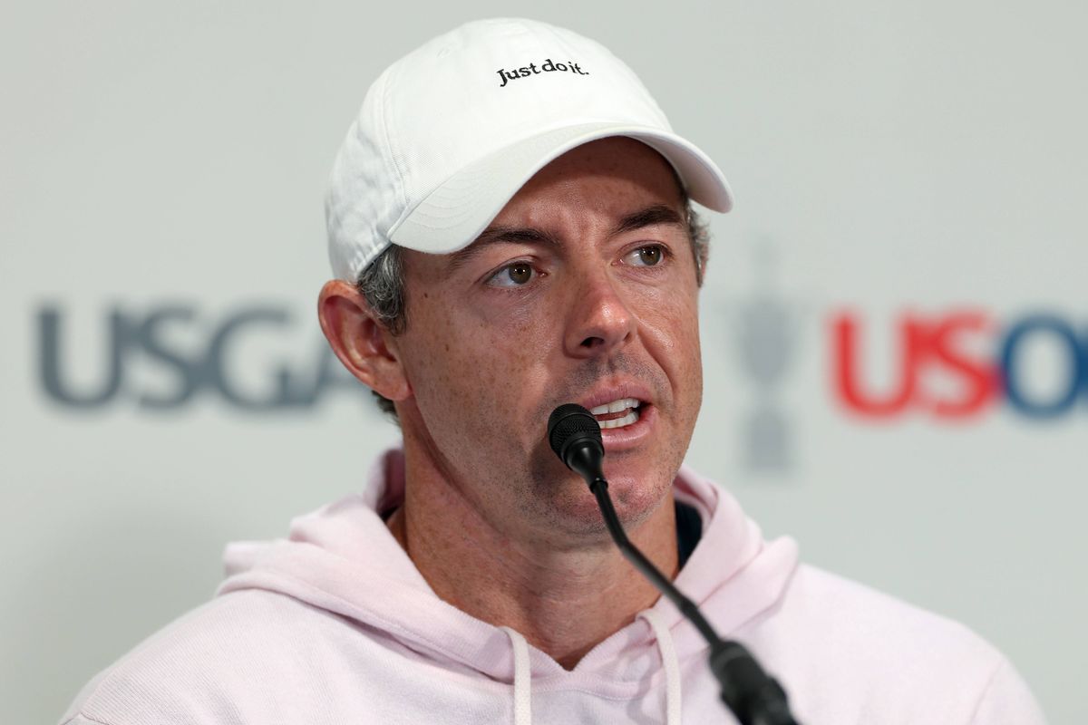 Rory McIlroy of Northern Ireland speaks to the media during a press conference prior to the 126th U.S. OPEN