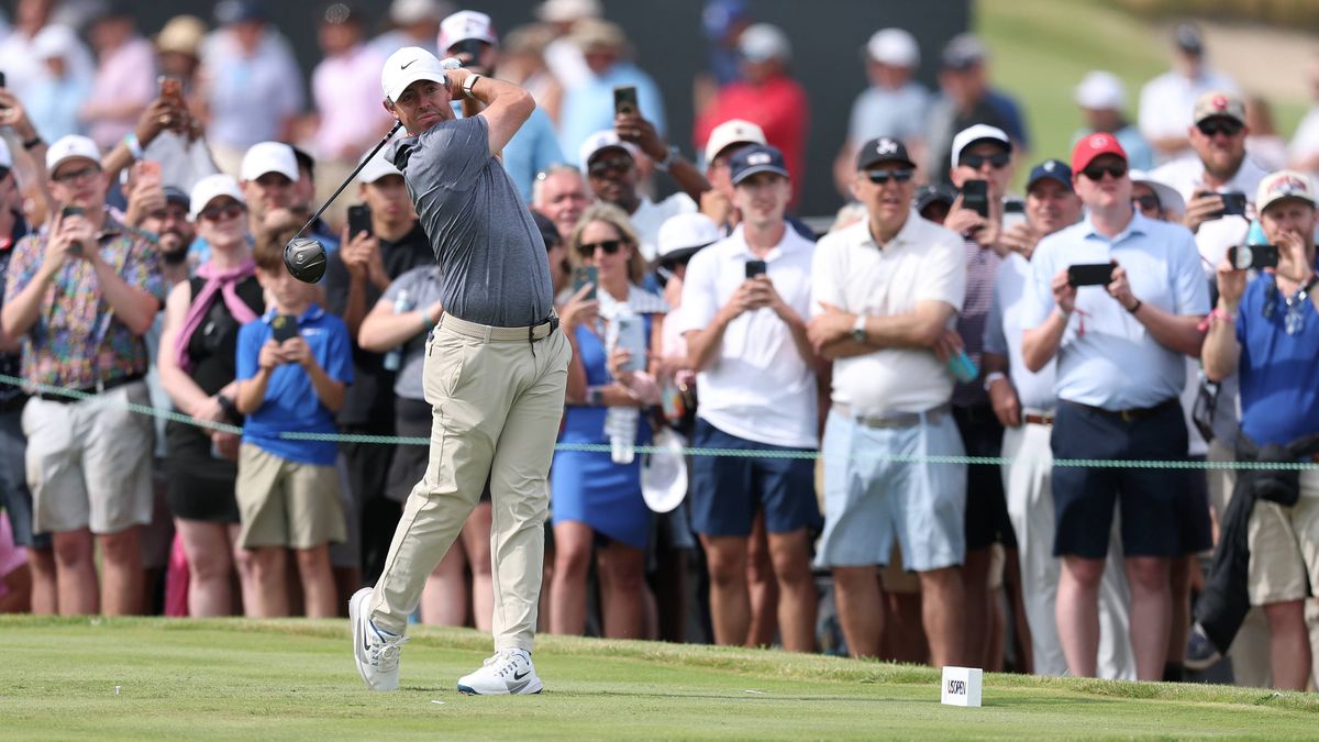 Rory McIlroy of Northern Ireland plays a shot from the eighth tee during the second round of the 126th U.S. OPEN at Shinnecock Hills Golf Club