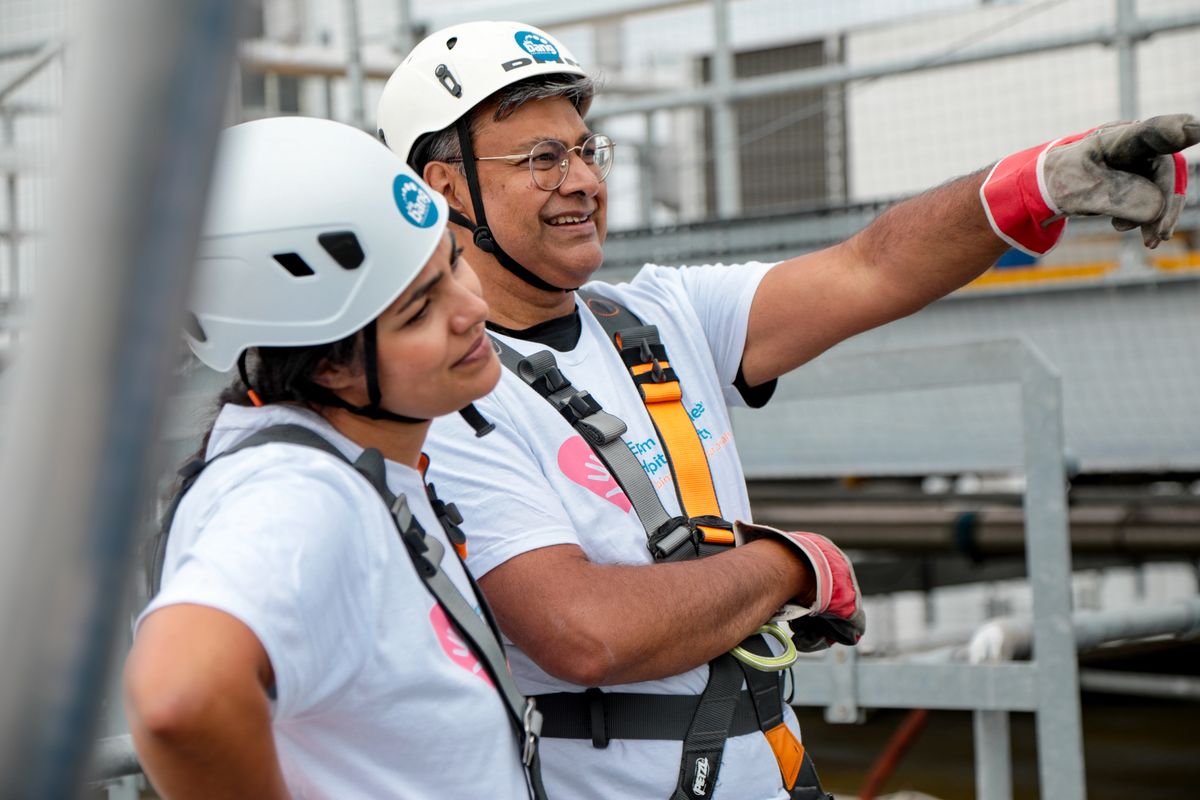 Fred Mendonca in a harness ready to abseil