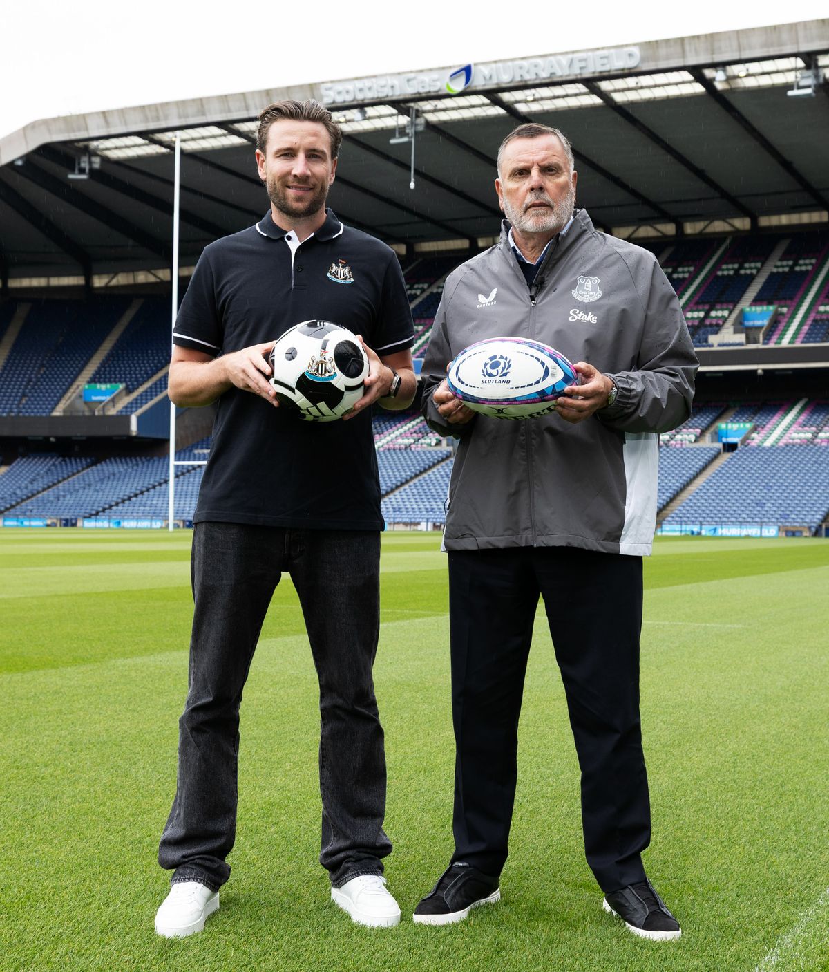 Everton Legend Graeme Sharp (right) and former Newcastle United player Paul Dummett, on June 3, 2026, promote the upcoming friendly match between Newcastle United and Everton at Scottish Gas Murrayfield