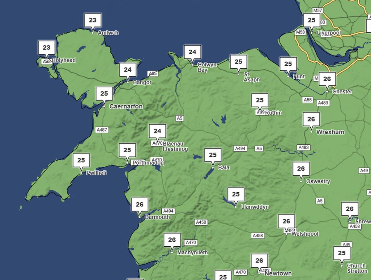 Temperatures are currently forecast to remain high in North Wales all next week - these are the figures for Friday, June 26
