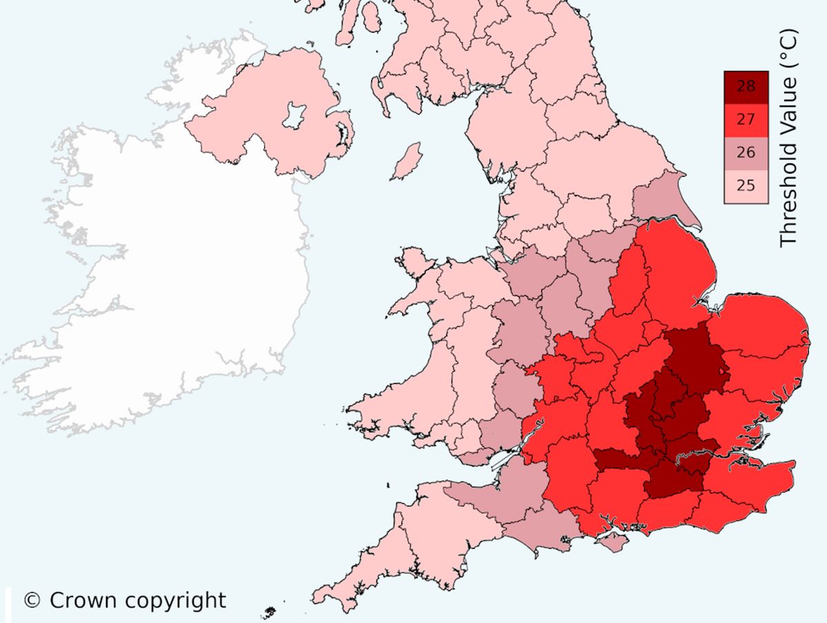 Temperature thresholds across the UK which must be exceeded for three successive days for a heatwave to be declared