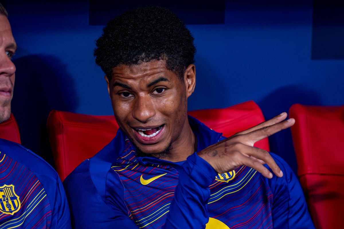Marcus Rashford of FC Barcelona sits on the bench prior to the UEFA Champions League 2025/26 Quarter-Final Second Leg match between Atletico de Madrid and FC Barcelona at Estadio Riyadh Air Metropolitano
