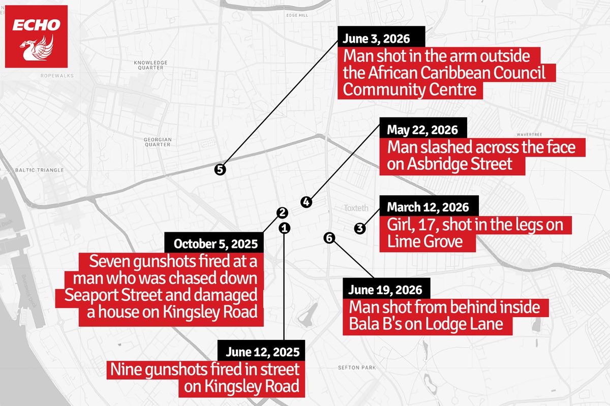 A map showing violent incidents in the Toxteth area from June 2025 to June 2026