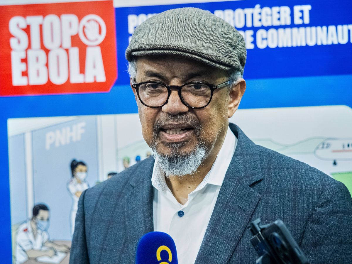 Director-General of the World Health Organisation (WHO), Tedros Adhanom Ghebreyesus, speaks to the media upon his arrival at N'djili International Airport in Kinshasa, Congo, Thursday, May 28, 2026. (AP Photo/Samy Ntumba Shambuyi)