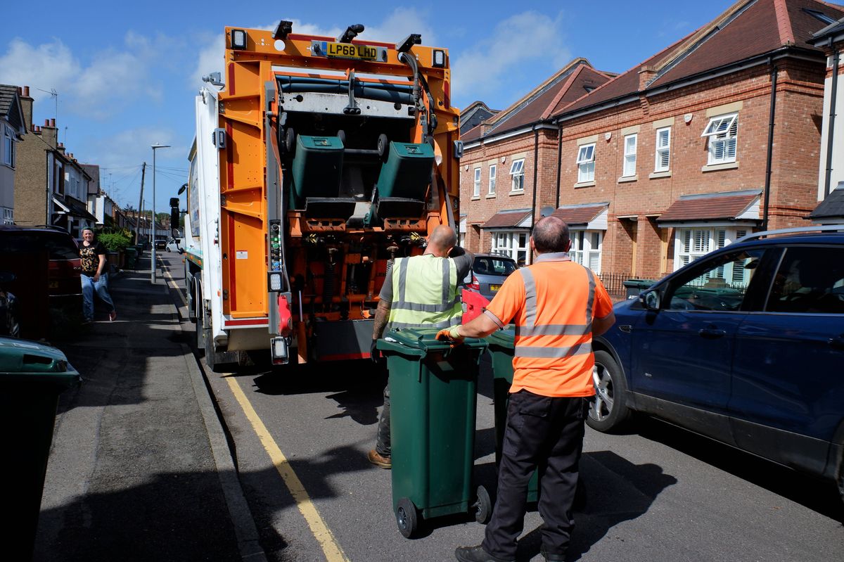 Rickmansworth, Hertfordshire, England, UK - 20th August 2020: Domestic waste street collection in Ebury Road, Rickmansworth