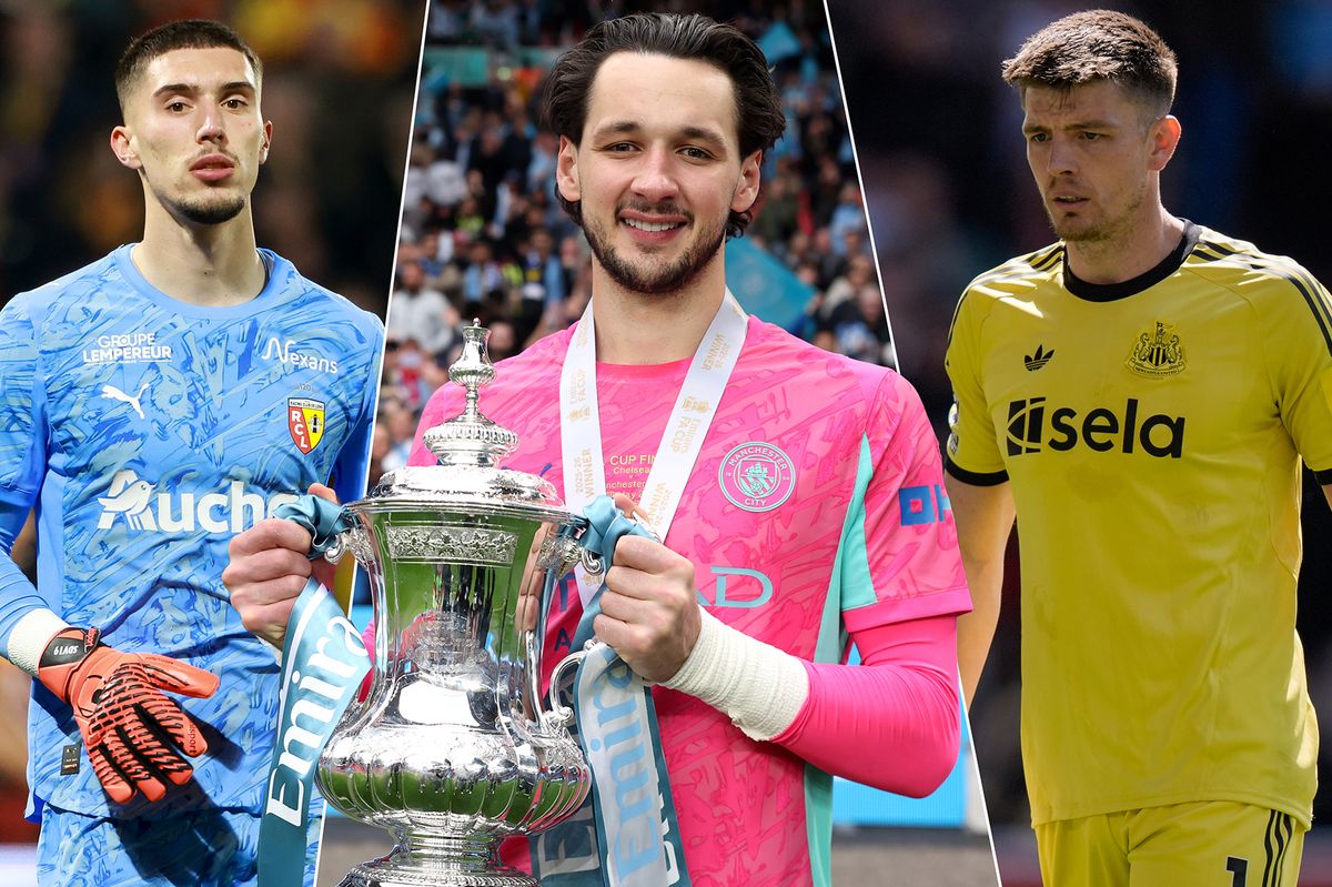 Lens goalkeeper Robin Risser, James Trafford of Manchester City, and Newcastle United's Nick Pope
