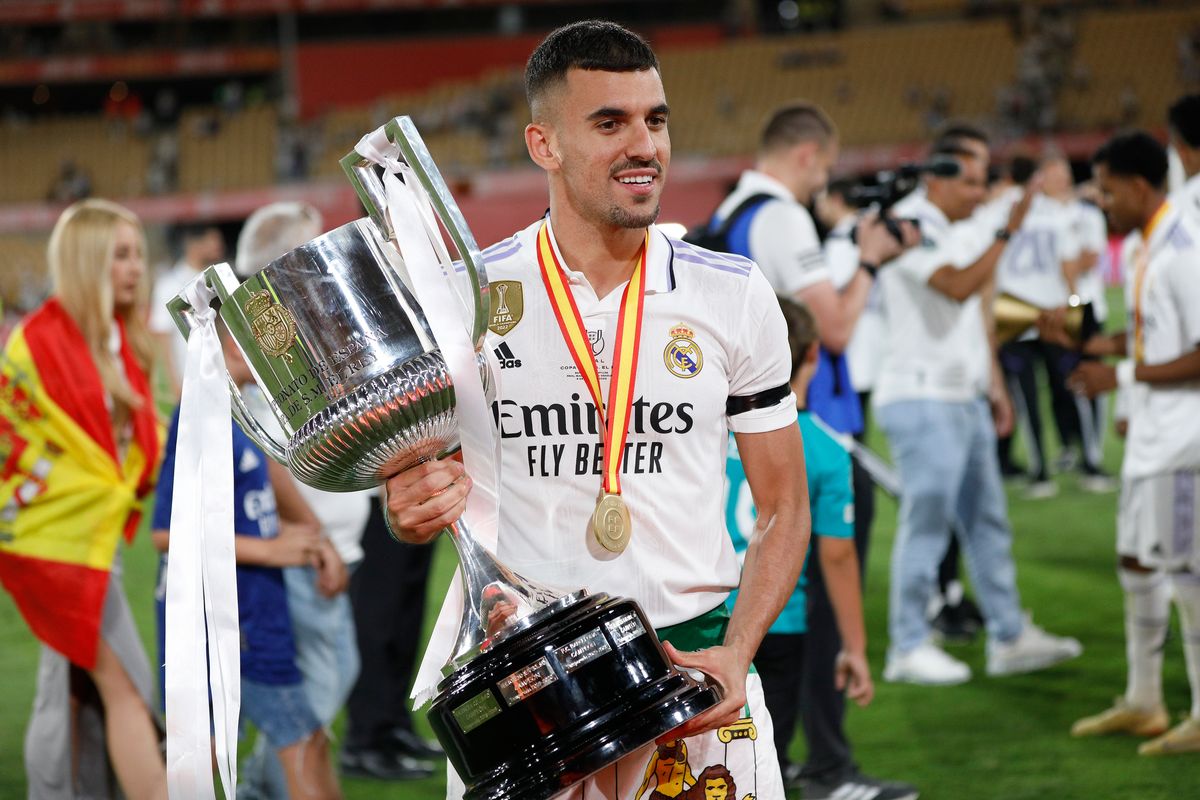 Daniel Ceballos of Real Madrid with the trophy during the Copa del Rey match between Real Madrid and CA Osasuna played at La Cartuja Stadium on May 6, 2023 in Sevilla, Spain.