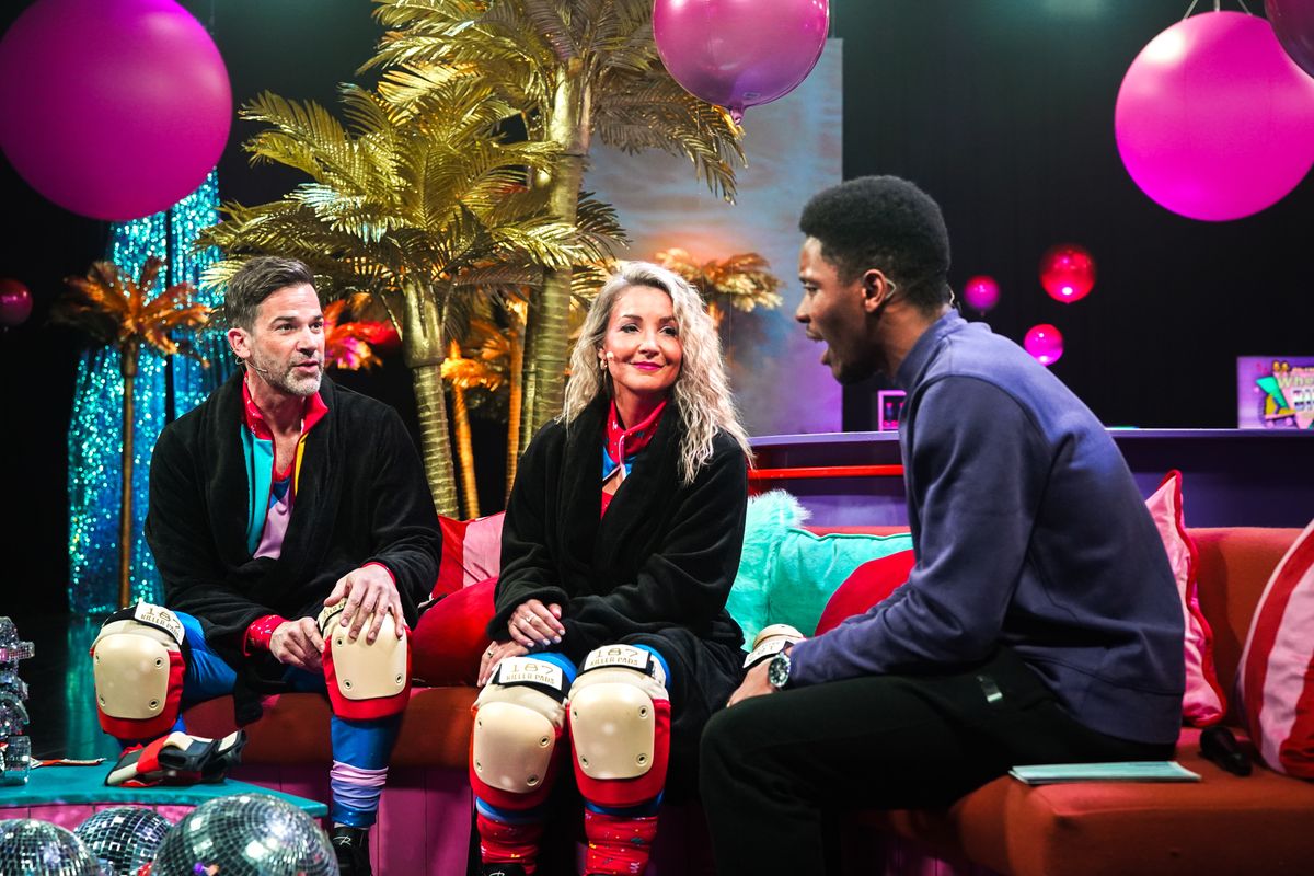 Television presenters, Gethin Jones and Helen Skelton are interviewed by Reece Stephenson during the first hour of the Morning Live challenge as part of the 2025 Red Nose Day campaign.