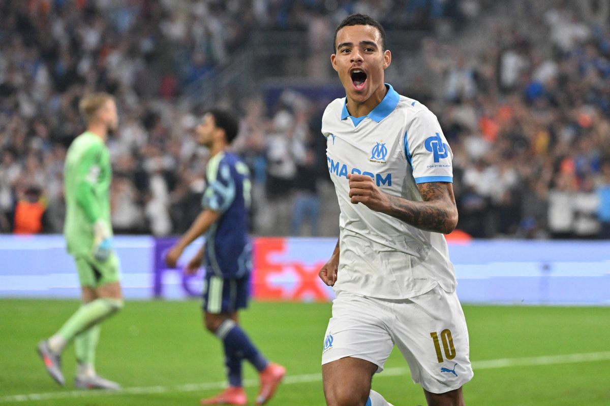 Marseille's English forward #10 Mason Greenwood celebrates scoring his team's third goal during the UEFA Champions League, league phase day 2, football match between Olympique de Marseille (FRA) and AFC Ajax