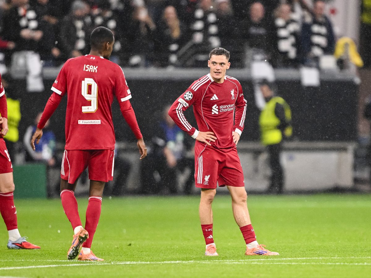 Alexander Isak of Liverpool FC and Florian Wirtz of Liverpool FC look dejected during the UEFA Champions League 2025/26 League Phase MD3 match between Eintracht Frankfurt and Liverpool FC at Frankfurt Stadion on October 22, 2025 in Frankfurt am Main, Germany