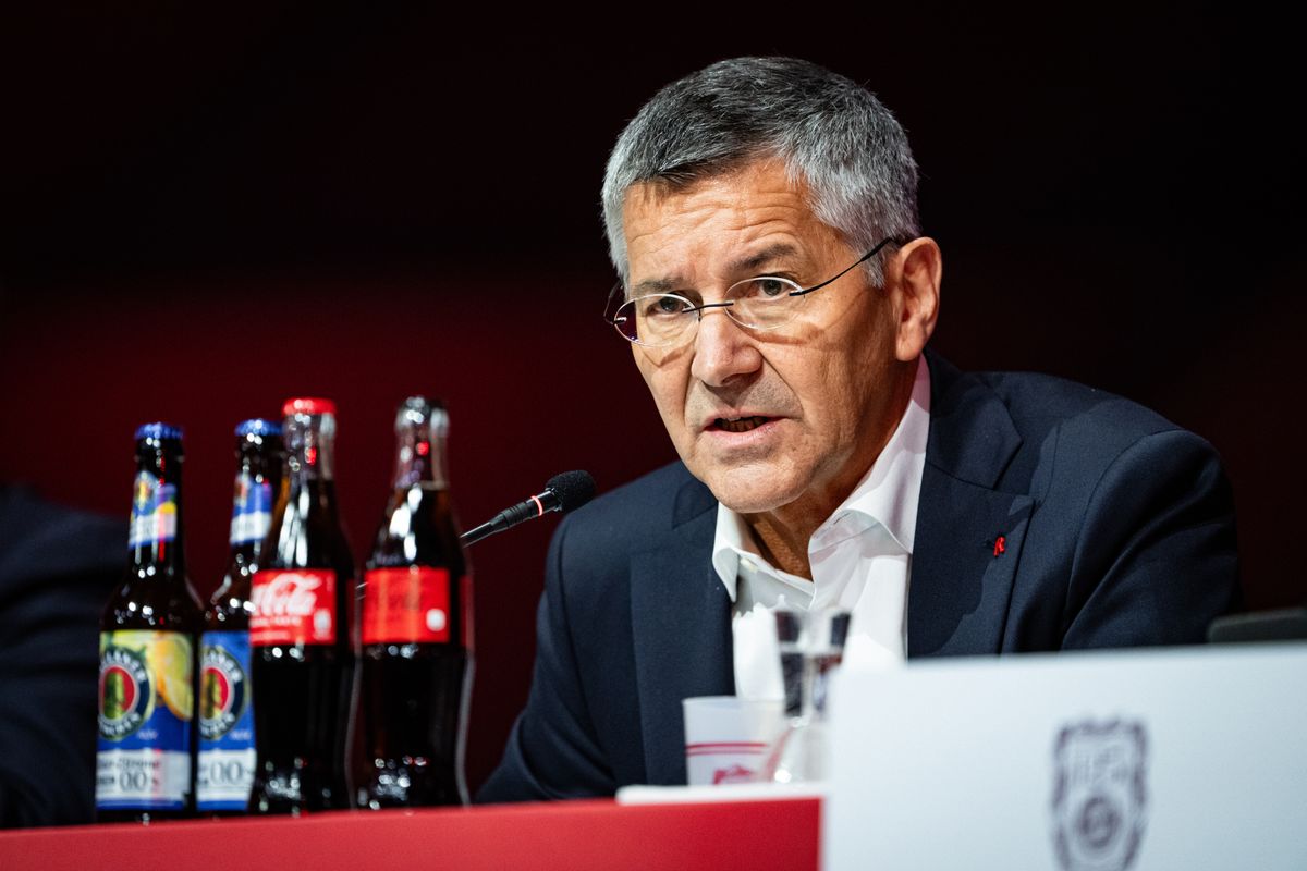 MUNICH, GERMANY - NOVEMBER 02: (EDITORS NOTE: Image has been digitally enhanced.) Herbert Hainer, president of FC Bayern Muenchen, answers the questions raised after the discussion during the annual general meeting of football club FC Bayern Muenchen at BMW Park on November 02, 2025 in Munich, Germany. (Photo by S. Mellar/FC Bayern via Getty Images)
