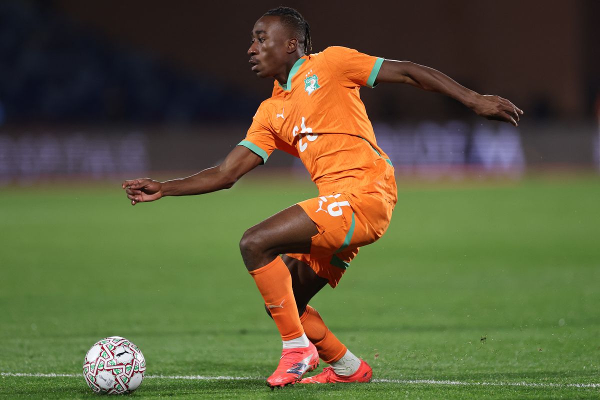 Ivory Coast's forward #26 Yan Diomande controls the ball during the Africa Cup of Nations (CAN) round of 16 football match between Ivory Coast and Burkina Faso at the Grand Stadium in Marrakesh on January 6, 2026. (Photo by FRANCK FIFE / AFP via Getty Images)