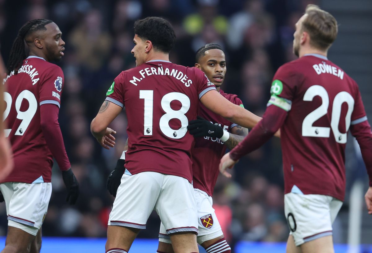 Mateus Fernandes and Crysencio Summerville celebrate a West Ham goal with team-mates