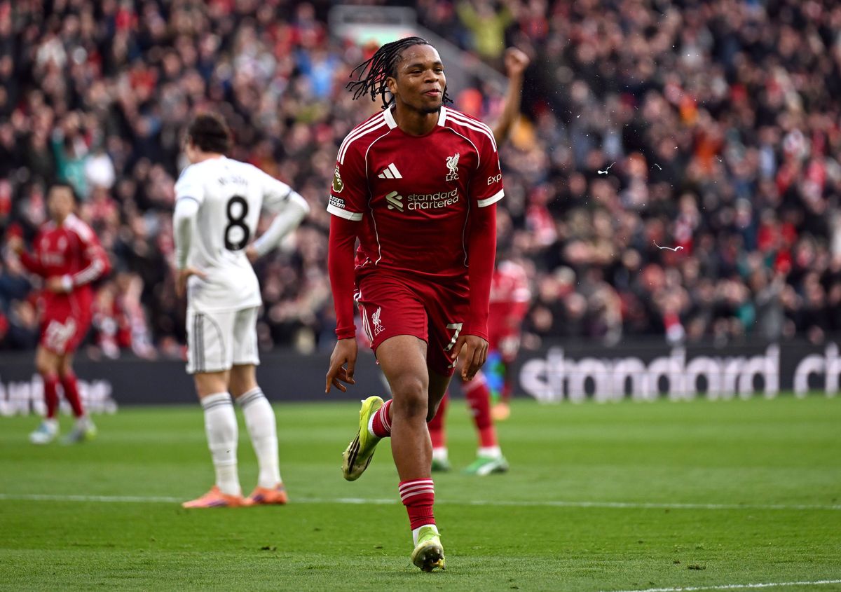 Rio Ngumoha of Liverpool celebrates after scoring vs Fulham
