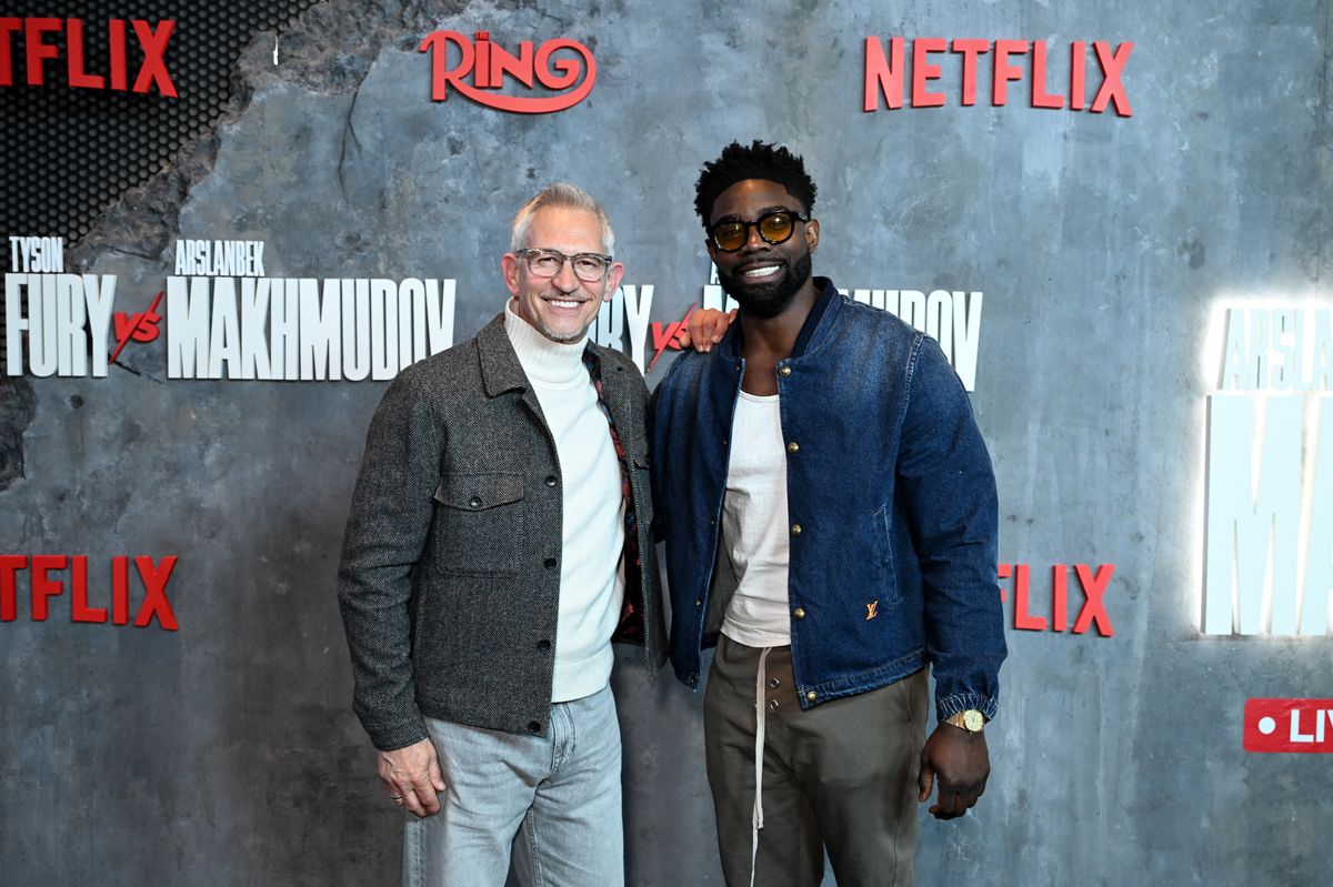 Gary Lineker and Micah Richards attend Tyson Fury vs. Arslanbek Makhmudov Fight Night at Tottenham Hotspur Stadium on April 11, 2026 in London, England