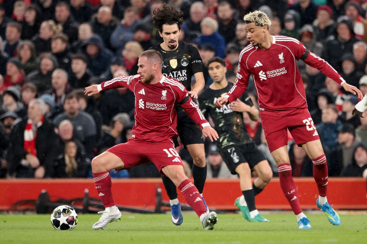 Alexis Mac Allister of Liverpool, Vitinha of PSG, Hugo Ekitike of Liverpool during the UEFA Champions League 2025/26 Quarter-Final Second Leg match between Liverpool FC and Paris Saint-Germain (PSG) at Anfield on April 14, 2026 in Liverpool, England