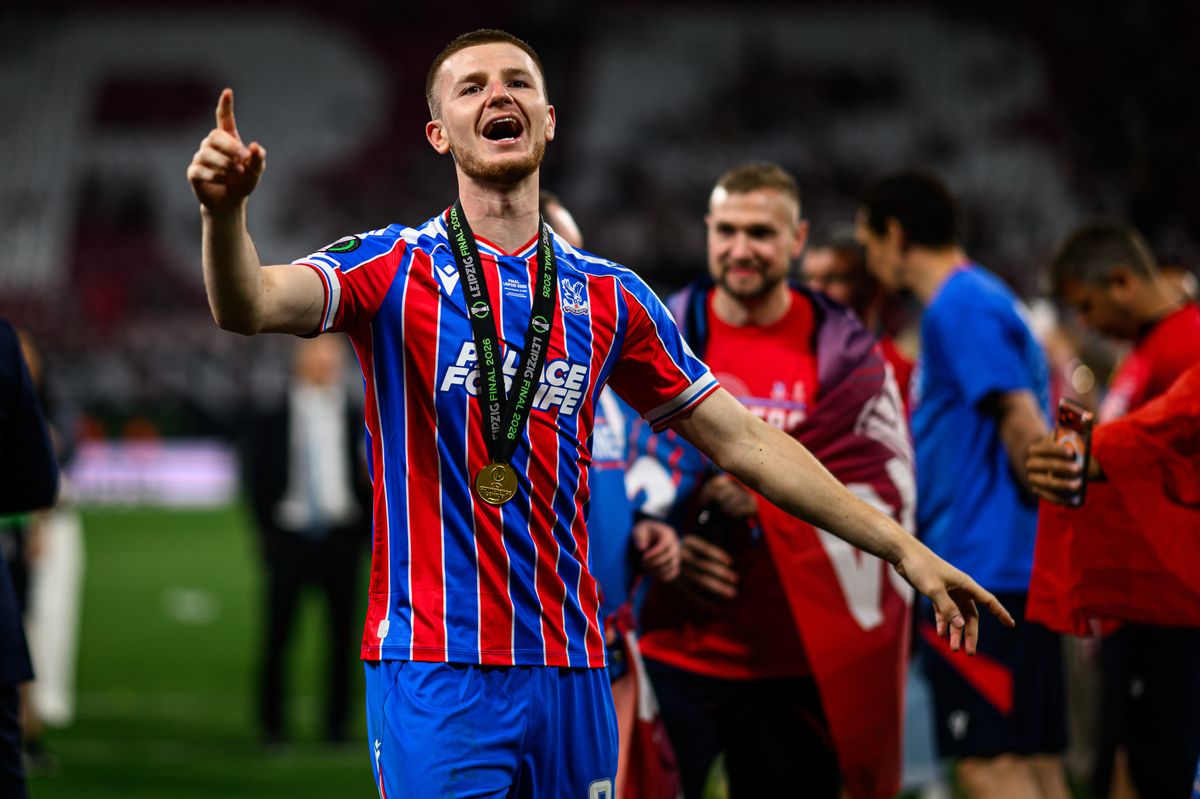LEIPZIG, GERMANY - MAY 27: Adam Wharton of Crystal Palace celebrates win and reacts to fans after the UEFA Conference League Final 2026 match between Crystal Palace FC and Rayo Vallecano de Madrid at Football Arena Leipzig on May 27, 2026 in Leipzig, Germany. (Photo by Vitalii Kliuiev/Getty Images)