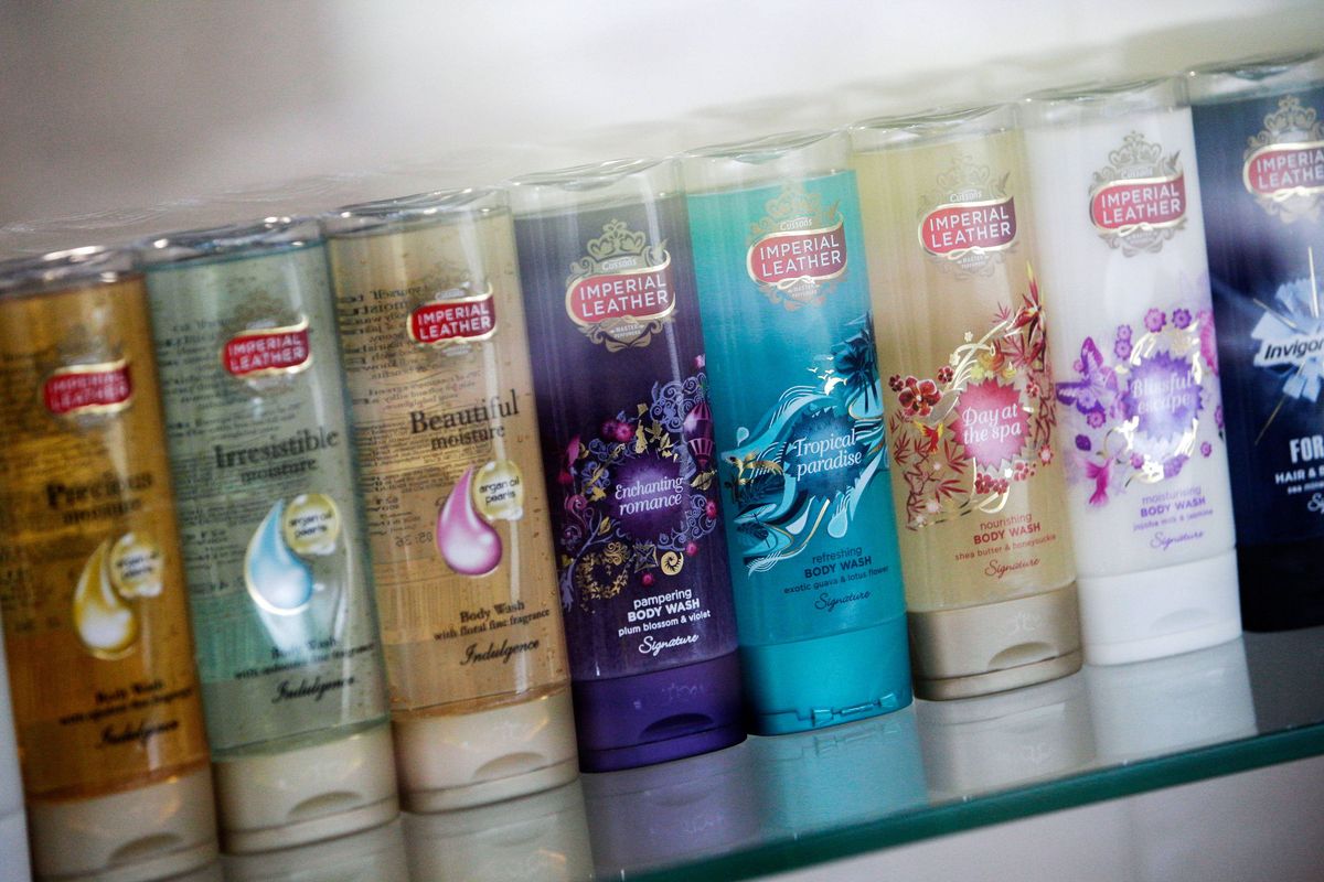 A range of Imperial Leather shower gels stand on display in the reception area at the PZ Cussons Plc Agecroft factory near Manchester, U.K., on Tuesday, Sept. 13, 2016. Through its subsidiaries, PZ Cussons manufactures soaps, detergents, toiletries, pharmaceuticals, refrigerators, and air conditioners. Photographer: Matthew Lloyd/Bloomberg via Getty Images