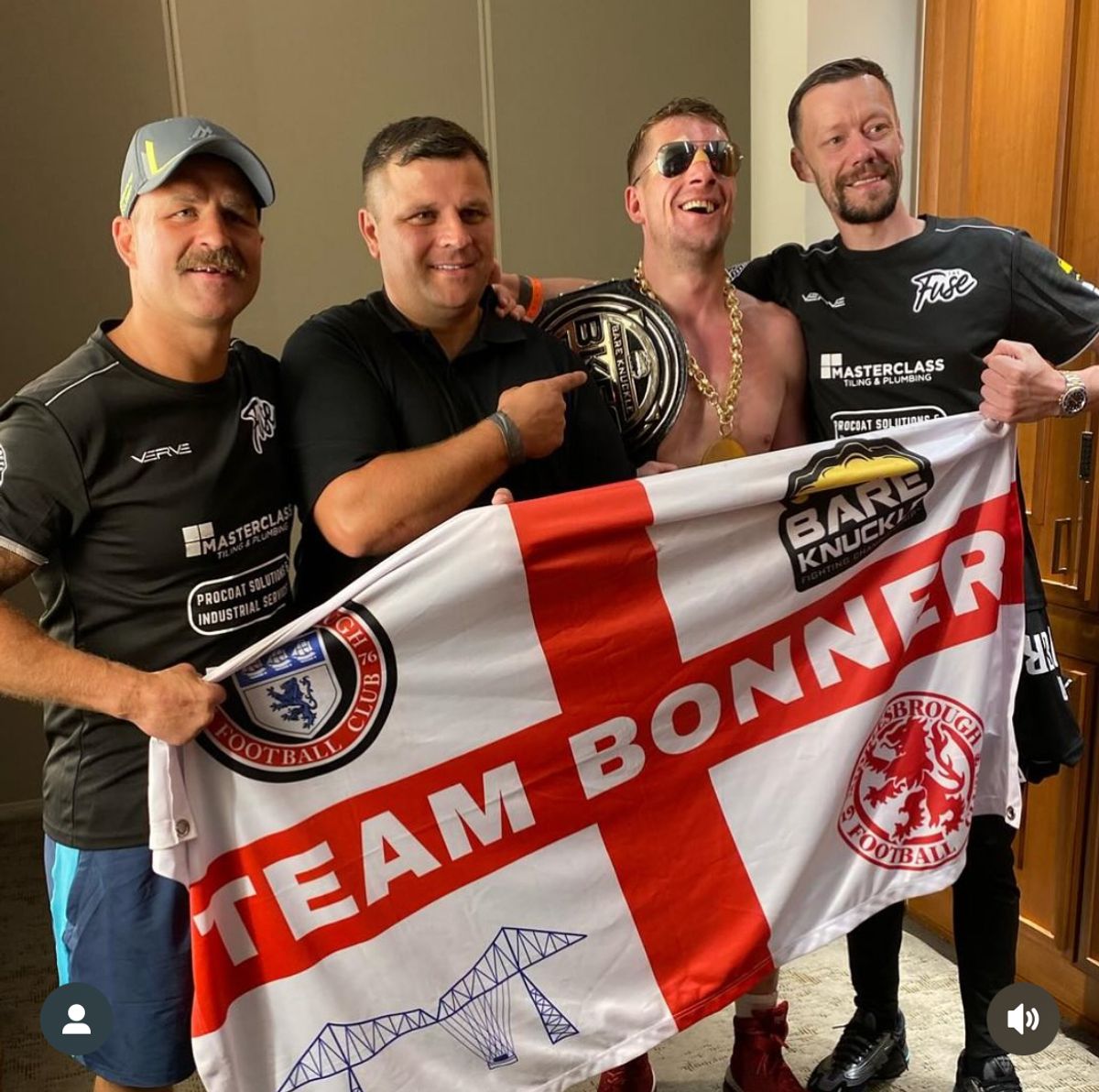Ben with head coach Craig Moffit, BKFC British champion Gary Fox and Lou Fuse from Thefuskeuk podcast