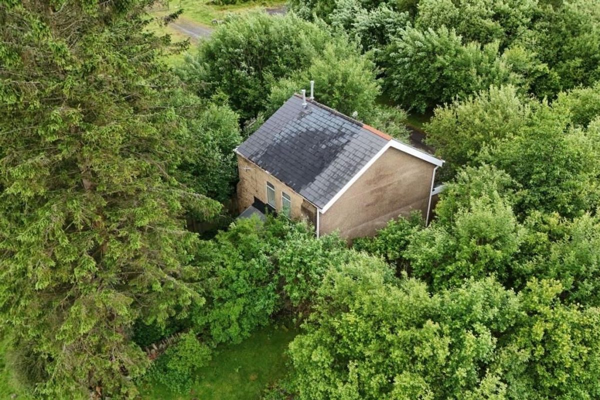 Aerial view of Last house on the streets of village of Troedrhiwfuwch going to auction with guide price of £35k plus with Paul Fosh Auctions being engulfed by trees and undergrowth