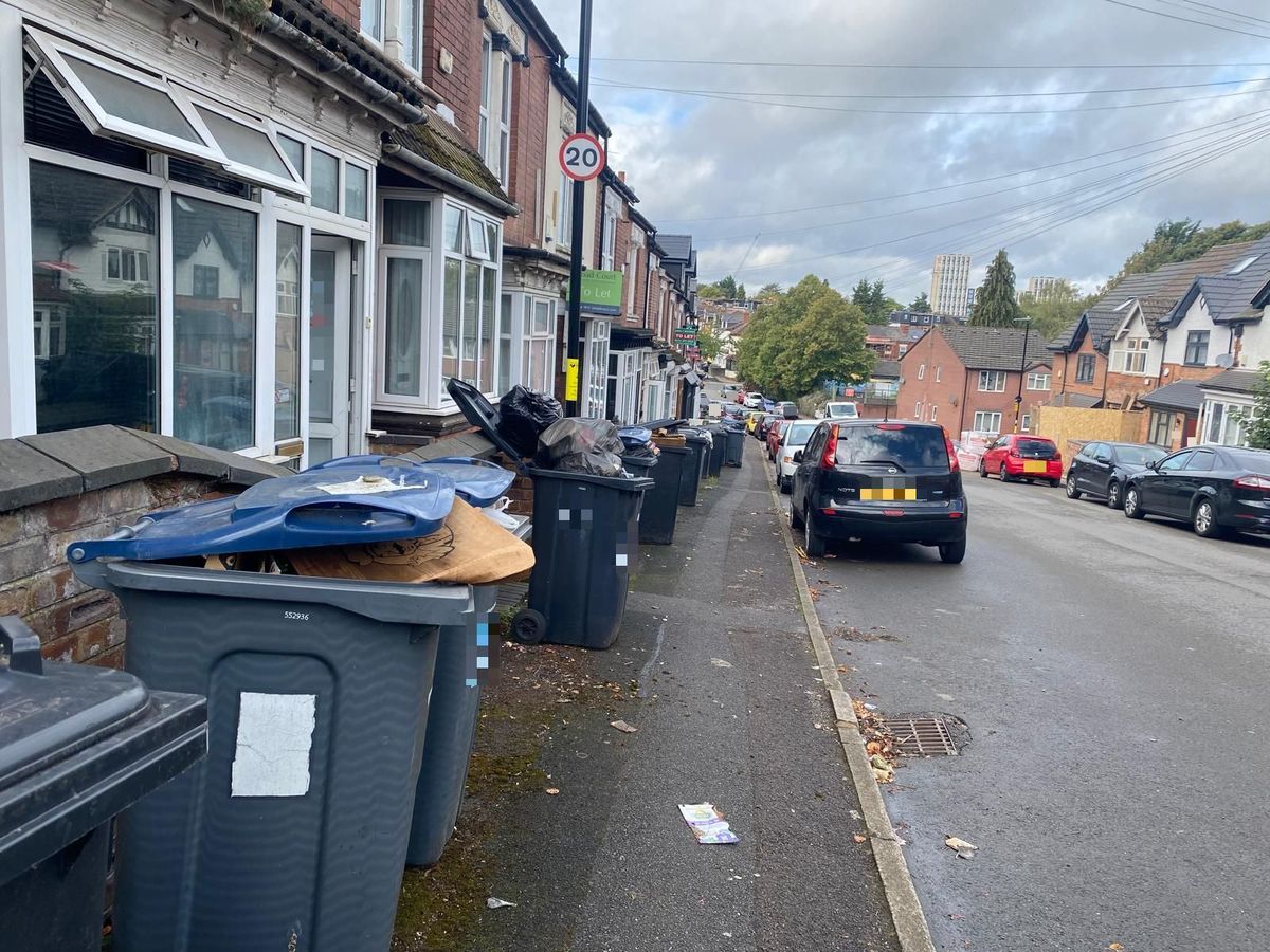 Bins filled with rubbish in Selly Oak, Birmingham in September 2025