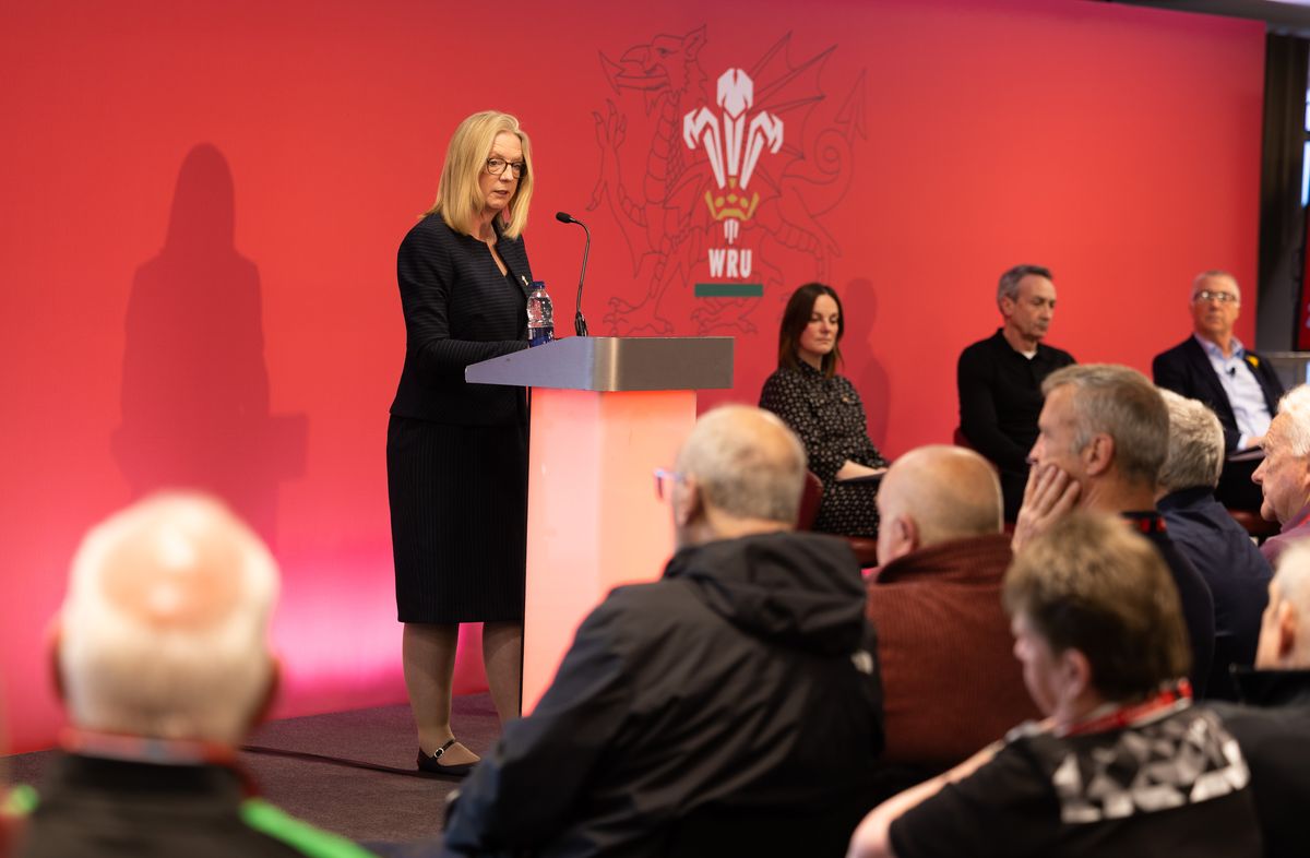 Abi Tierney, WRU Group Chief Executive Officer, during the Extraordinary General Meeting held at the Principality Stadium