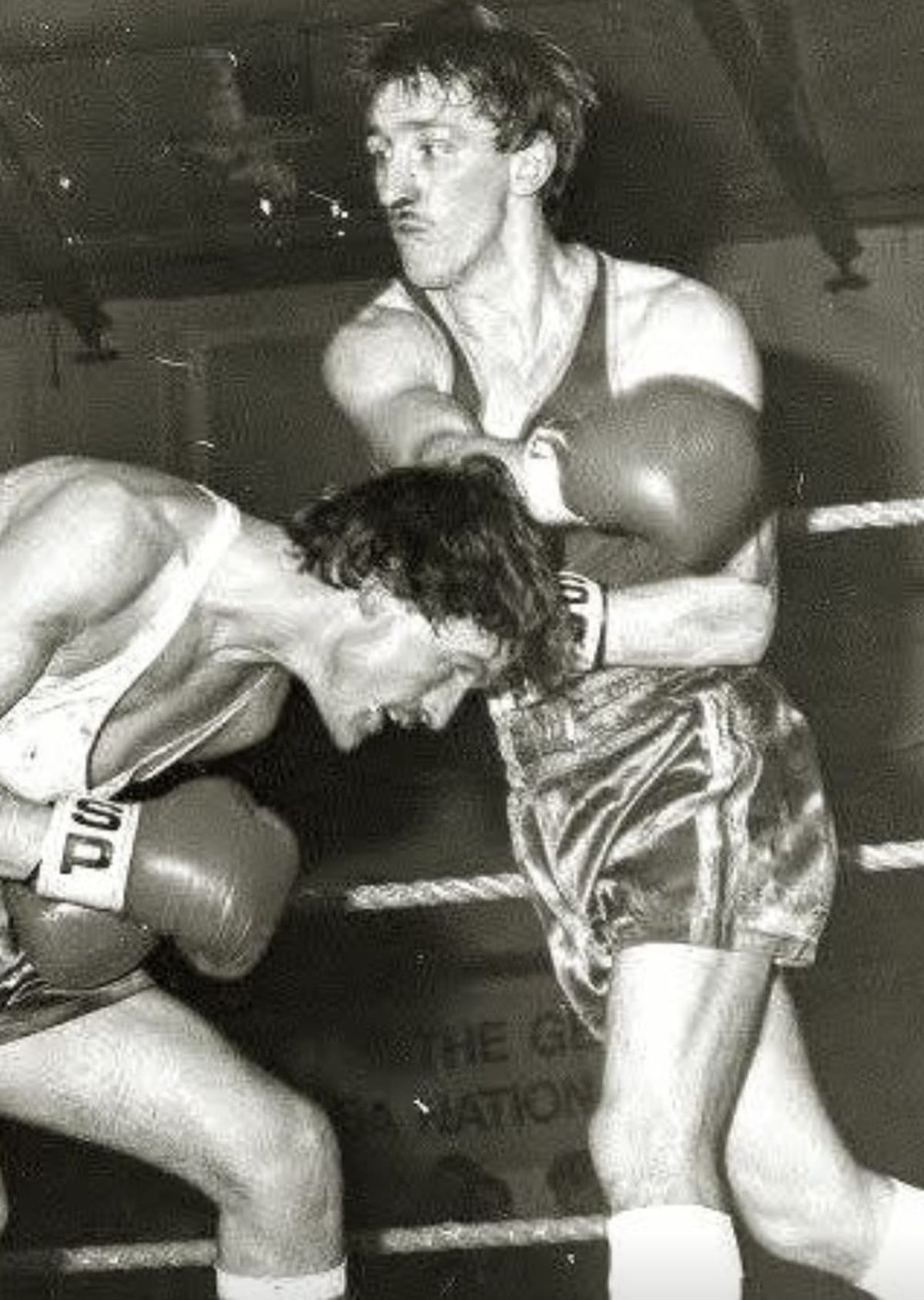 Stephen Jones, left, and Jimmy Duncan go head to head at the Liverpool Stadium in 1977