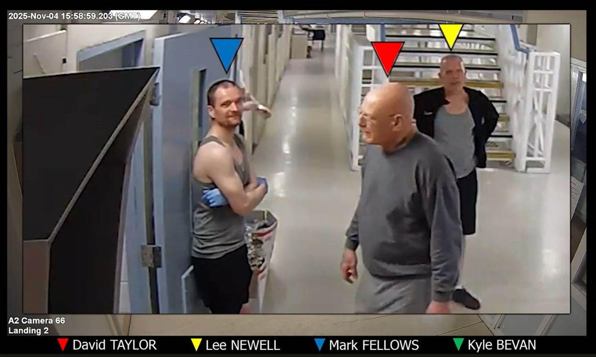 CCTV showing Mark Fellows, Lee Newell and David Taylor at HMP Wakefield on the day they murdered Kyle Bevan