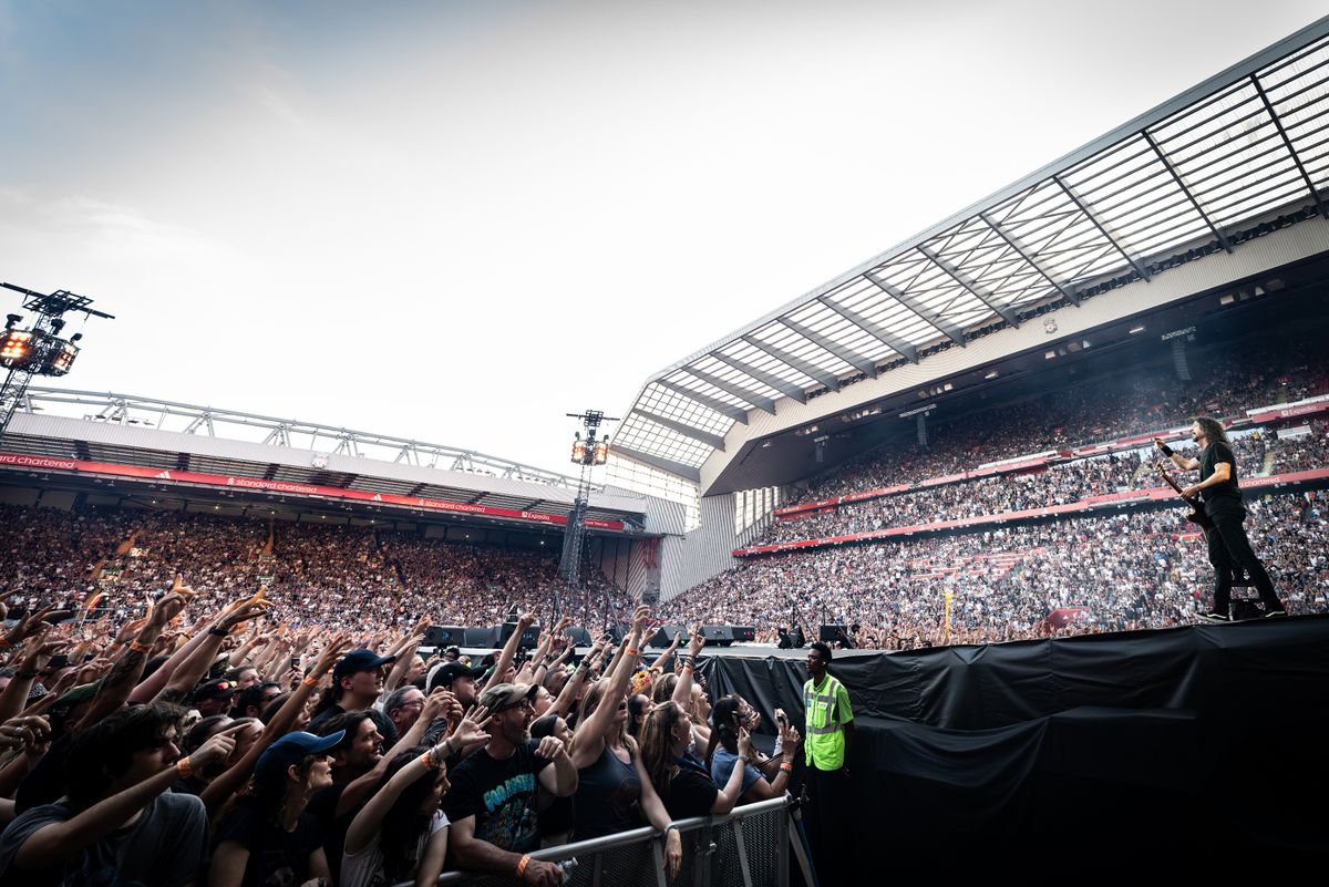 Dave Grohl on stage in front of a sold out show at Anfield last night